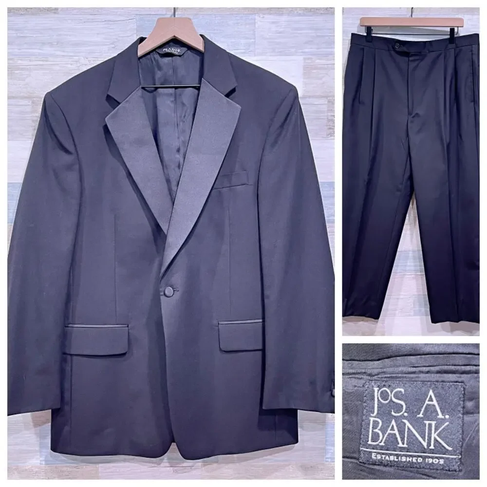 Jos A Bank Notch Collar Tuxedo Suit Black Mens 42R Jacket 36R Pleated Pants